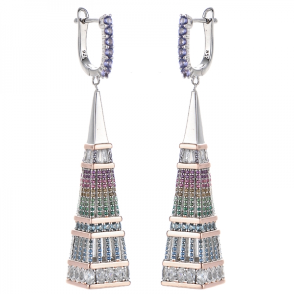 Orecchino in argento con zircone cubico bianco di forma ovale e rotonda arcobaleno con placcatura bicolore 
