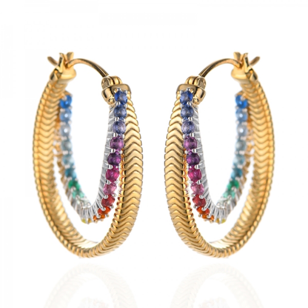Orecchino in argento 925 con zirconi cubici arcobaleno rotondi con placcatura bicolore 