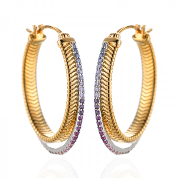 Orecchino in argento con zircone cubico arcobaleno rotondo con placcatura bicolore 