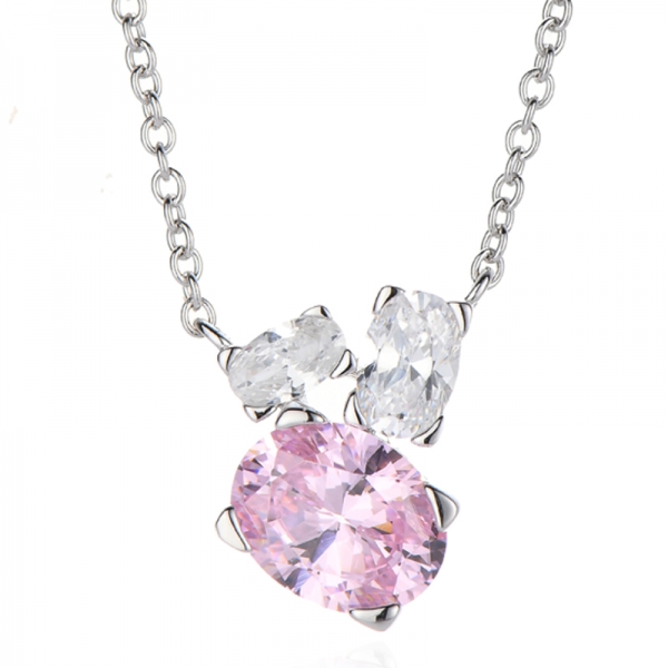 Collana in argento rodiato con zirconi cubici rosa e bianchi a forma ovale con diamanti 