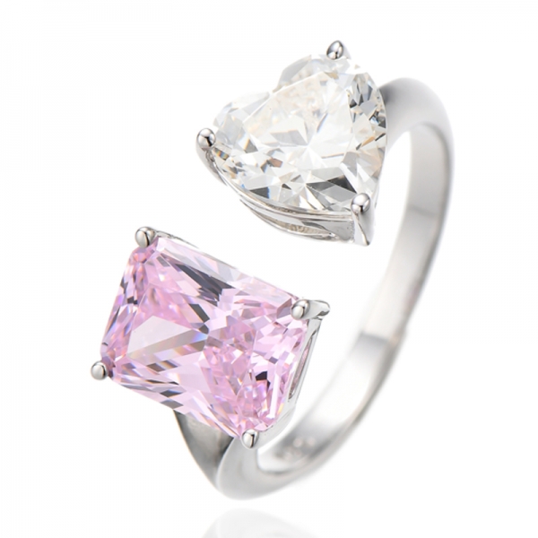 Anello aperto in argento rodiato con zircone cubico e diamanti rosa a forma di cuore e ottagono 