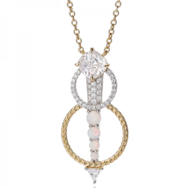 Ciondolo in argento con opale rotondo e zircone cubico bianco a cuscino con placcatura bicolore 