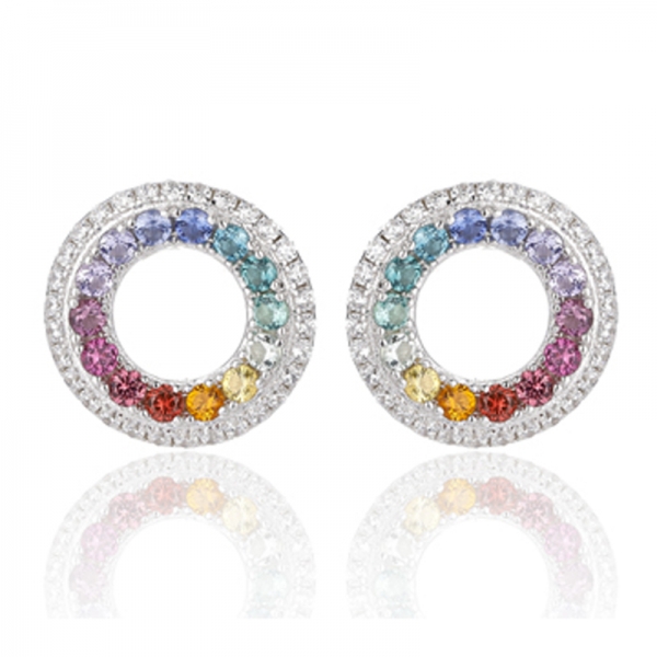 Orecchino rotondo in argento rodiato con zirconi cubici bianchi e arcobaleno 