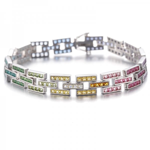 Bracciale in argento rodiato con zirconi cubici arcobaleno quadrati 
