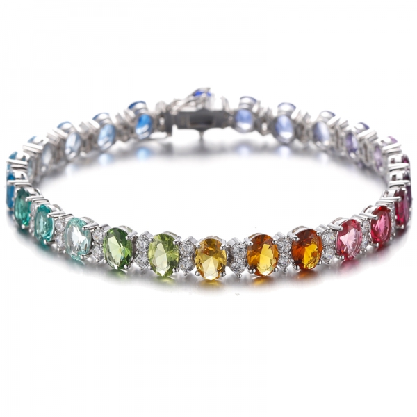Bracciale in argento rodiato con zirconi cubici bianchi rotondi e arcobaleno di forma ovale 