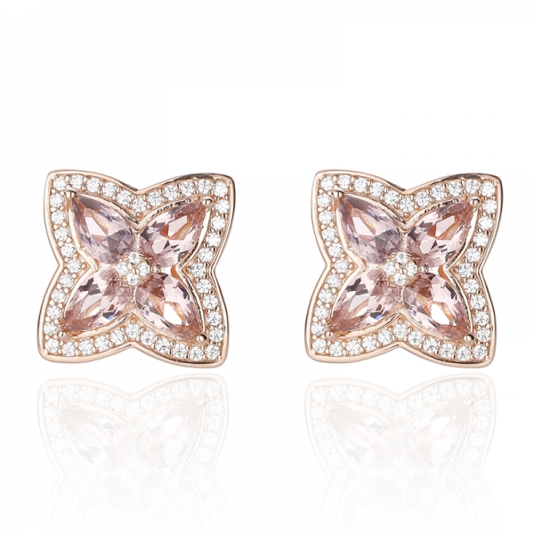 Orecchini in argento 925 con morganite a forma di pera, zirconi cubici bianchi rotondi e nano con placcatura in oro rosa 